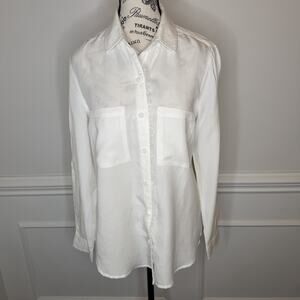 Beach Lunch Lounge Women’s Med White Blouse Fringe Button Up Roll Tab Sleeves